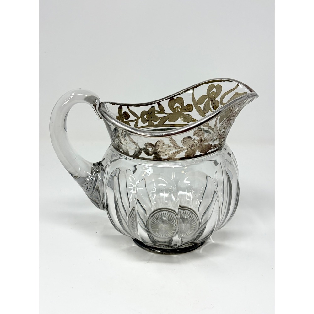 Heisey Glass Colonial Sterling Silver Overlay Pitcher Floral Antique Paneled